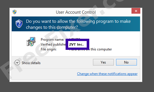 Screenshot where ZVT Inc. appears as the verified publisher in the UAC dialog